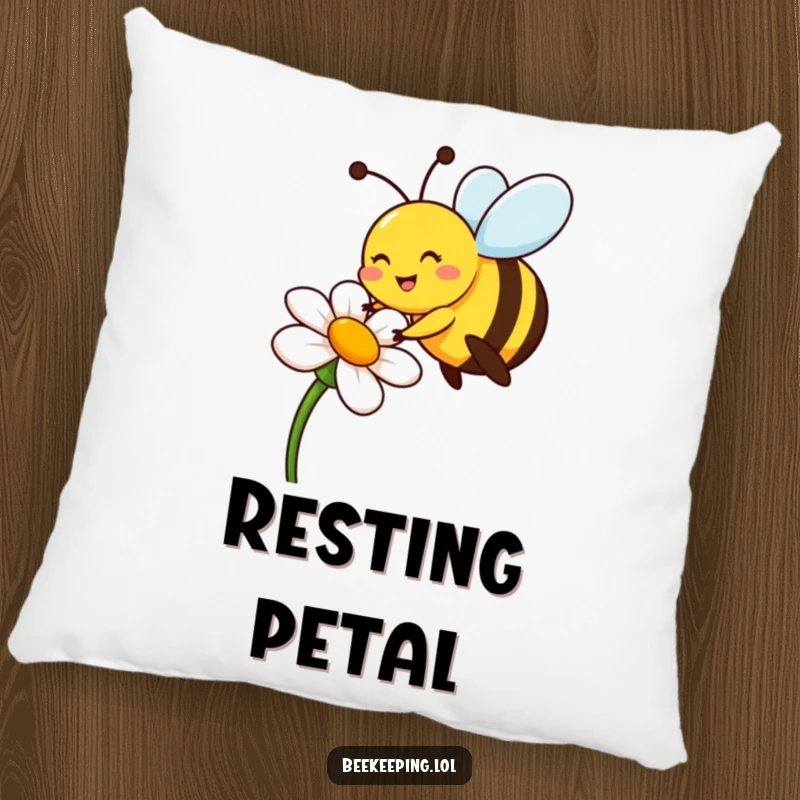 Funny bee pillow depicting a cheerful pollinator on a flower, a cozy funny gift.