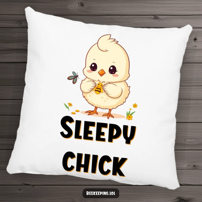 Funny chick pillow with a fluffy chick helping collect nectar, a soft and humorous item.