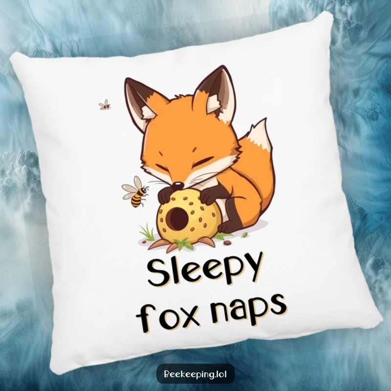 Funny determined fox carefully tending to a buzzing hive, a soft and humorous decorative pillow.