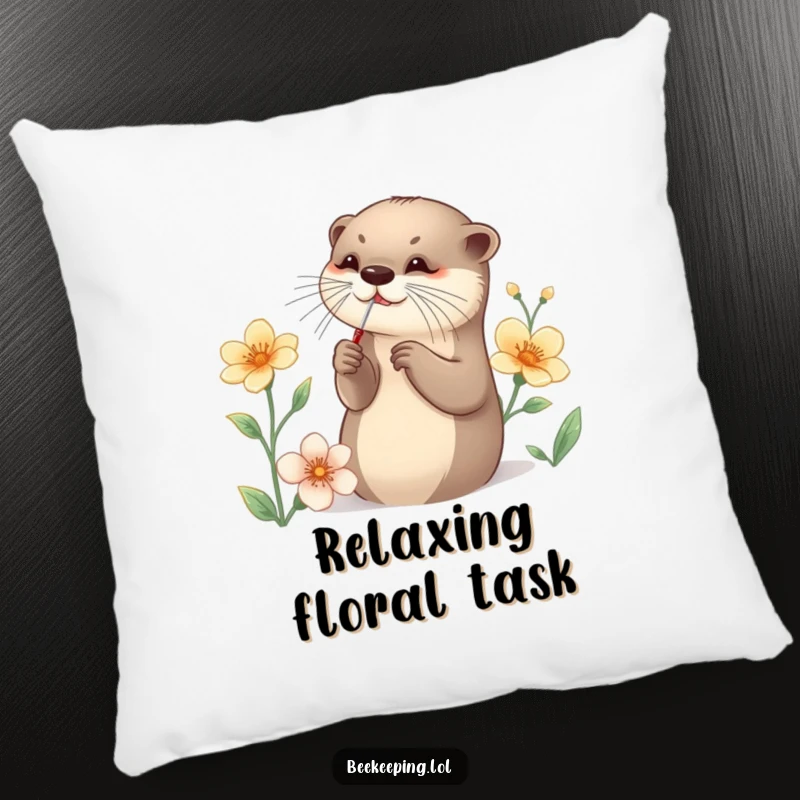 Funny Otter Pillow featuring a graceful otter carefully collecting nectar with a small tool, a soft and funny decorative item.