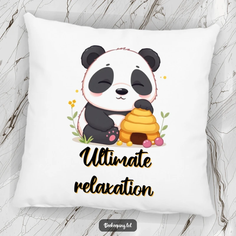 Funny Panda Pillow featuring a sleepy panda cub sitting peacefully near a beehive, a soft and funny decorative item.