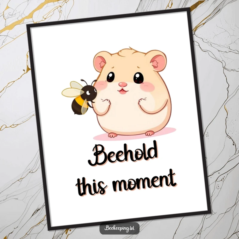 Funny Hamster Digital Art Print of a plump hamster with wide eyes staring at an oversized bee, a humorous and expressive piece.
