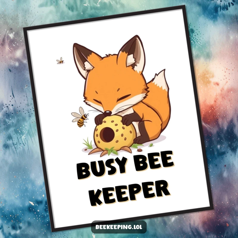 Funny determined fox carefully tending to a buzzing hive, a high-quality downloadable and humorous art print.