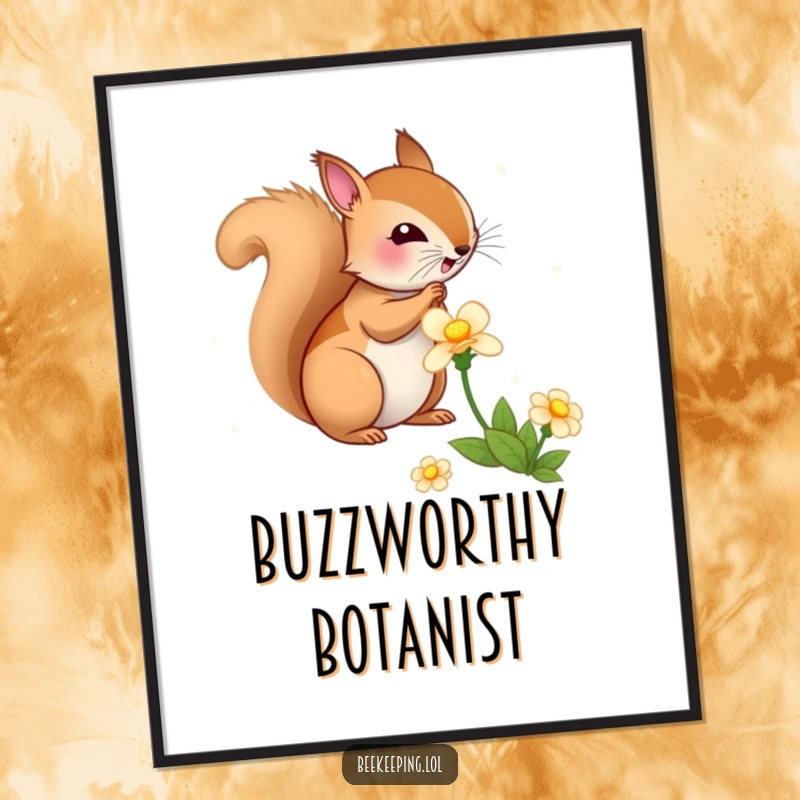 Funny Squirrel Flower Digital Art Print, instant download, bouncy squirrel gathering nectar from a flower, whimsical woodland art.