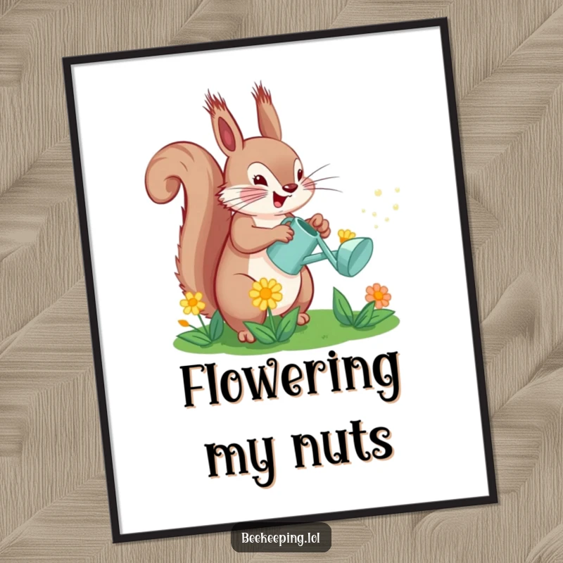 Funny Squirrel Watering Flower Digital Art: A squirrel waters a flower with a small can, a cheerful downloadable art.