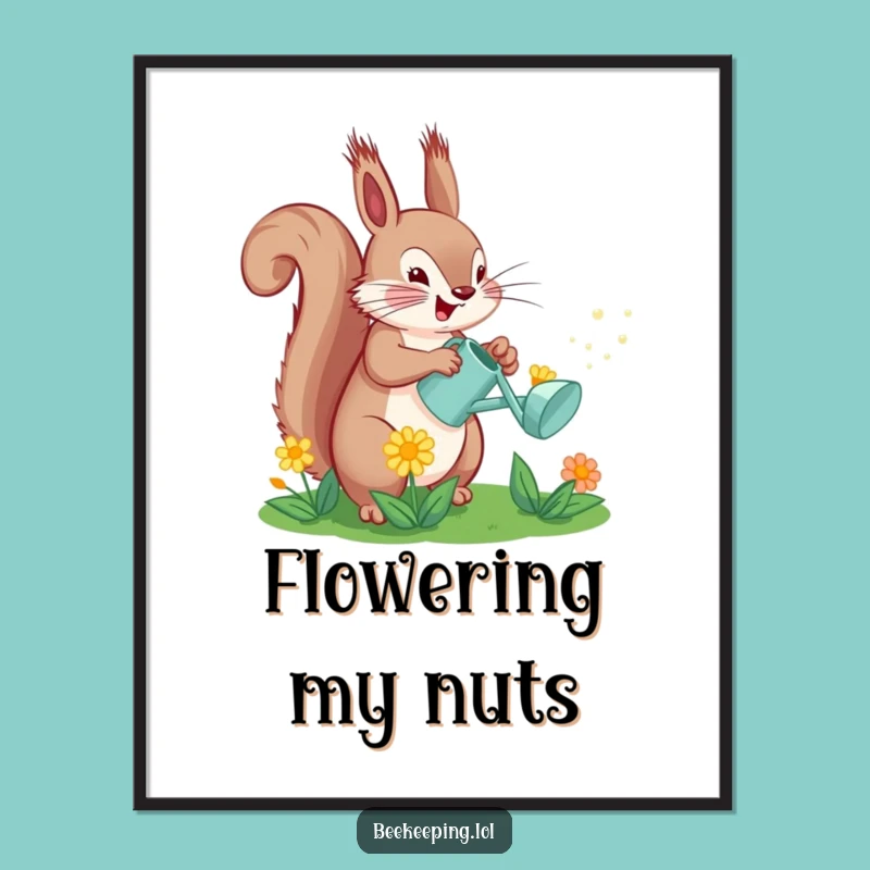 Funny Squirrel Watering Flower Digital Art: Whimsical Print for Garden Lovers