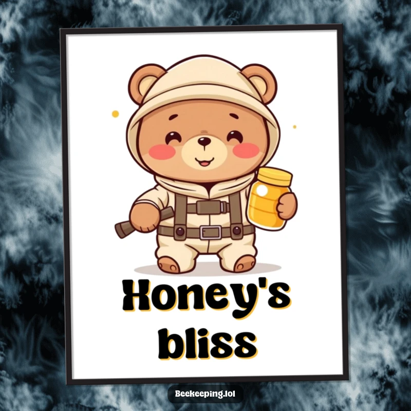 Funny bear beekeeper in a beekeeper suit holding honey, bringing instant joy and humor as a downloadable art print.