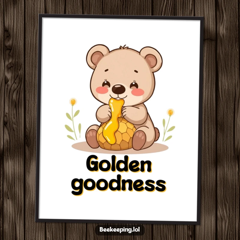 Funny smiling bear cub gently collecting honey from a dripping comb, a high-quality downloadable and humorous art print.
