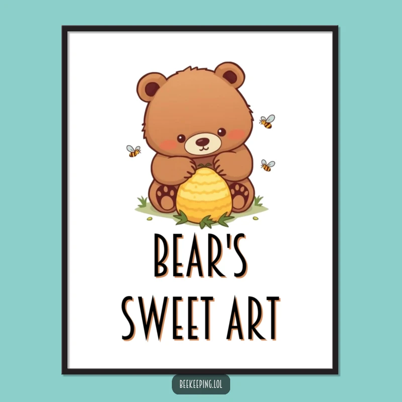 Funny Bear Hive Digital Art: Serene Bear Tending Buzzing Print Gift!