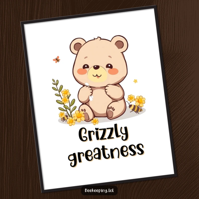 Funny digital art print of a beaming bear gently collecting propolis, creating a sweet and humorous piece for wall decor.