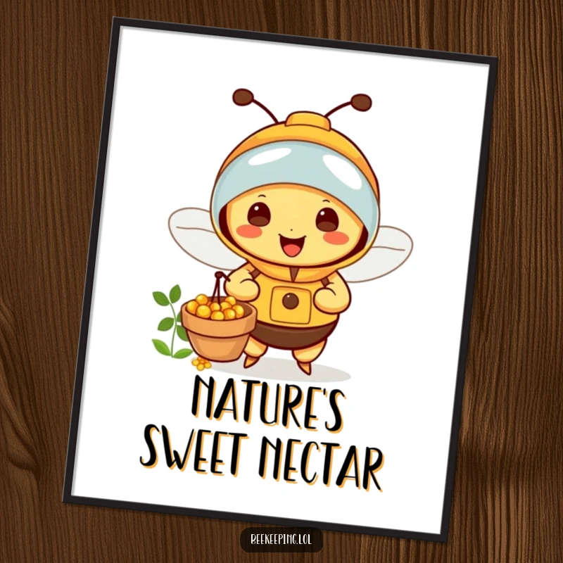 Funny Bee Digital Art: Printable artwork of a happy beekeeper bee collecting nectar, delivering instant cheer.