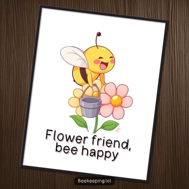 Funny digital art print of a happy bee with a tiny bucket landing on a smiling flower.