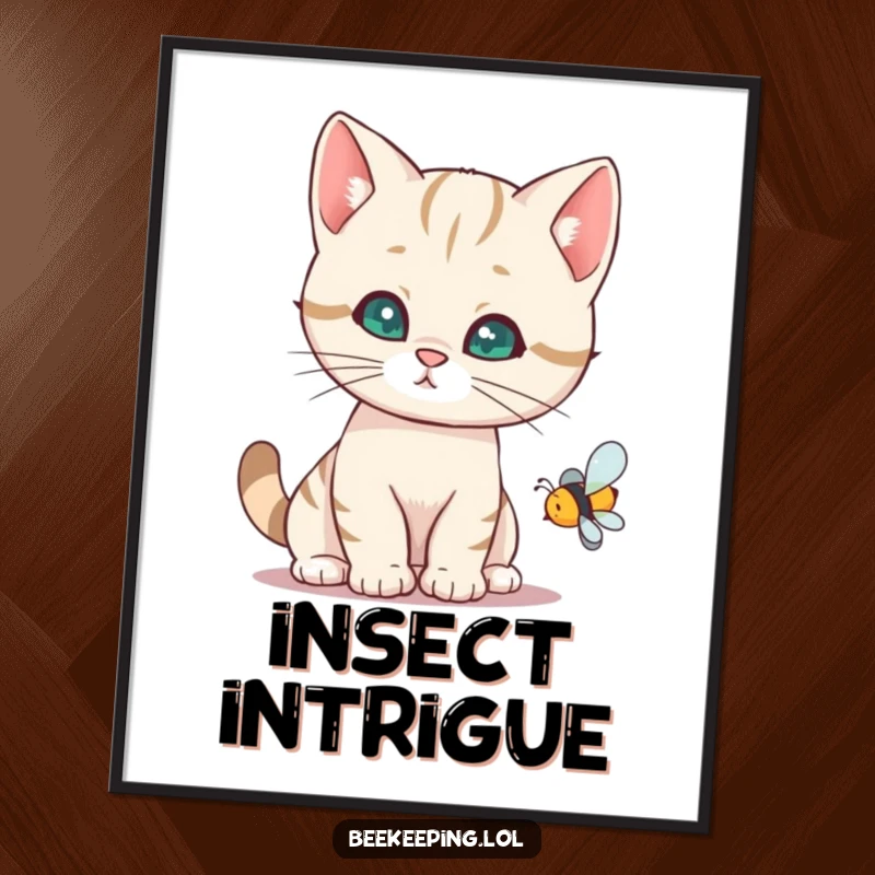 Funny cat digital art print of a curious cat curiously watching a buzzing bee, offering humorous wall decor.