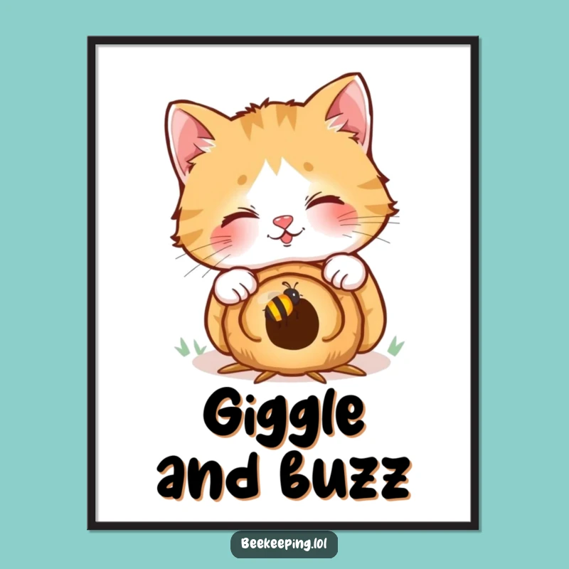 Funny Cat Digital Art: Giggling Feline, Beehive Curiosity Print Download