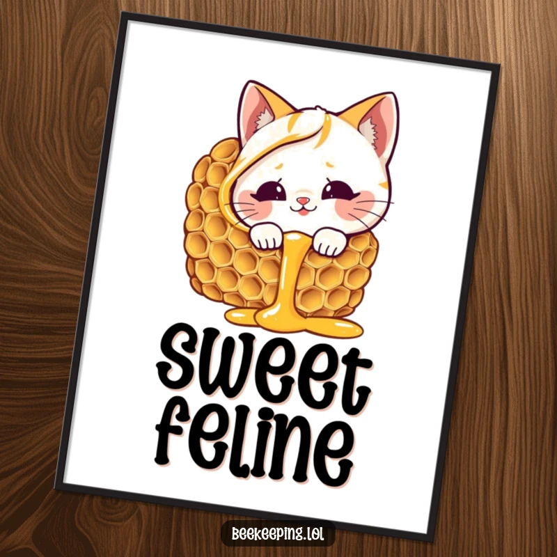 Funny cat honeycomb digital art print, giggling cat curious about dripping honey, sweet and humorous, instant download.
