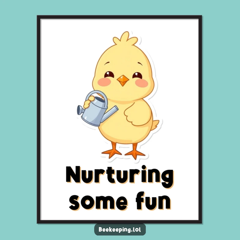 Funny Chick Gardener Digital Art - Cheerful Bird Watering Plant Downloadable Print