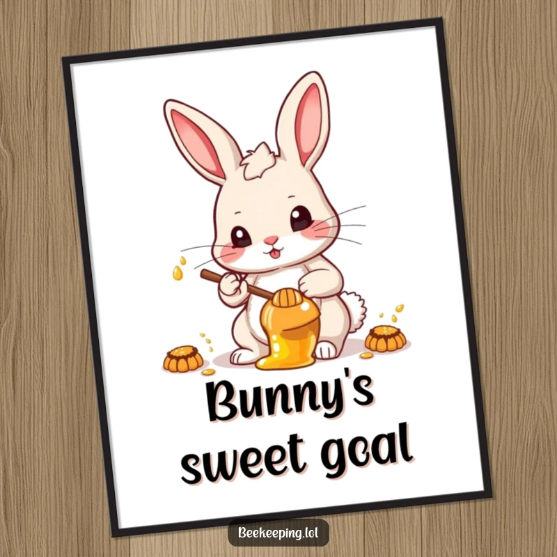Funny determined rabbit collecting honey, bringing instant motivation and humor as a downloadable art print.