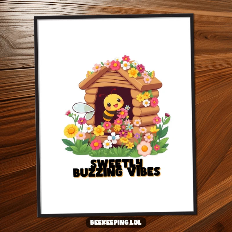 Funny digital art print of a busy bee cheerfully tending to an overflowing flower hive, vibrant and appealing.