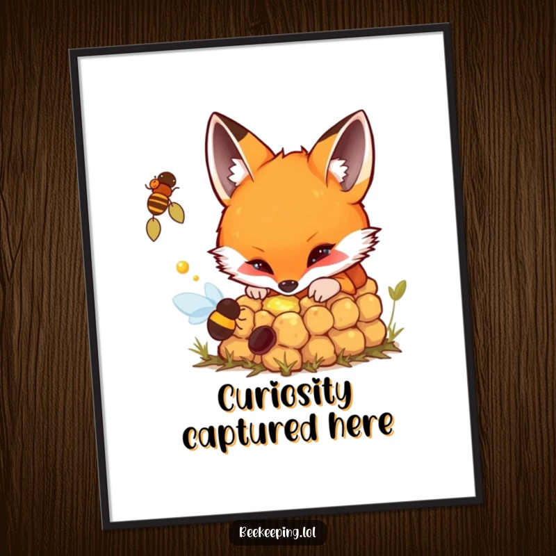 Funny digital art print of a fox curiously peering into a bubbling beehive, full of intrigue.