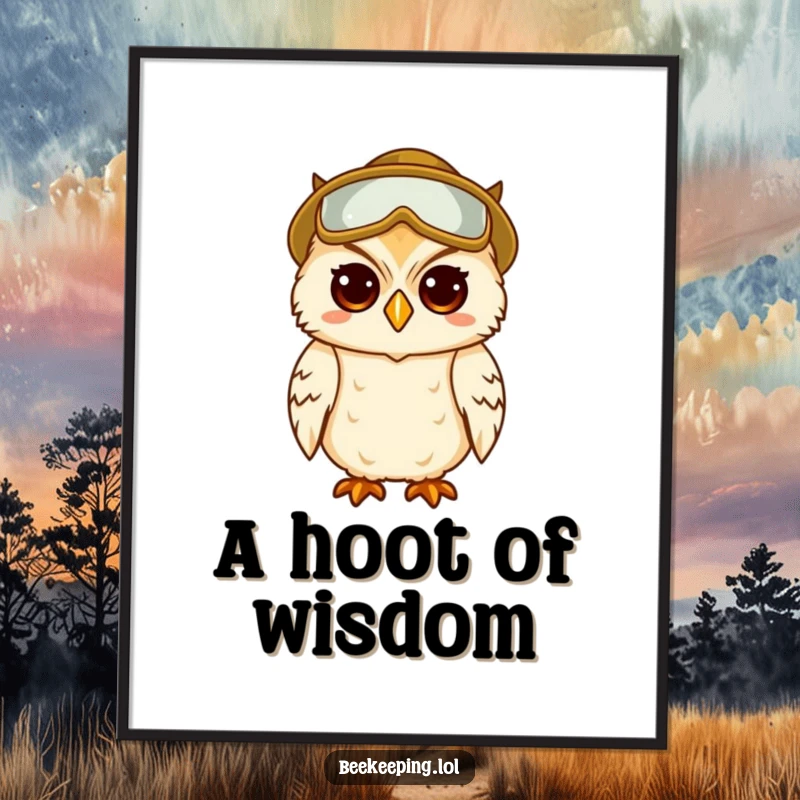 Funny digital art print of a wise, amused owl wearing beekeeper gear, radiating intelligence and humor.