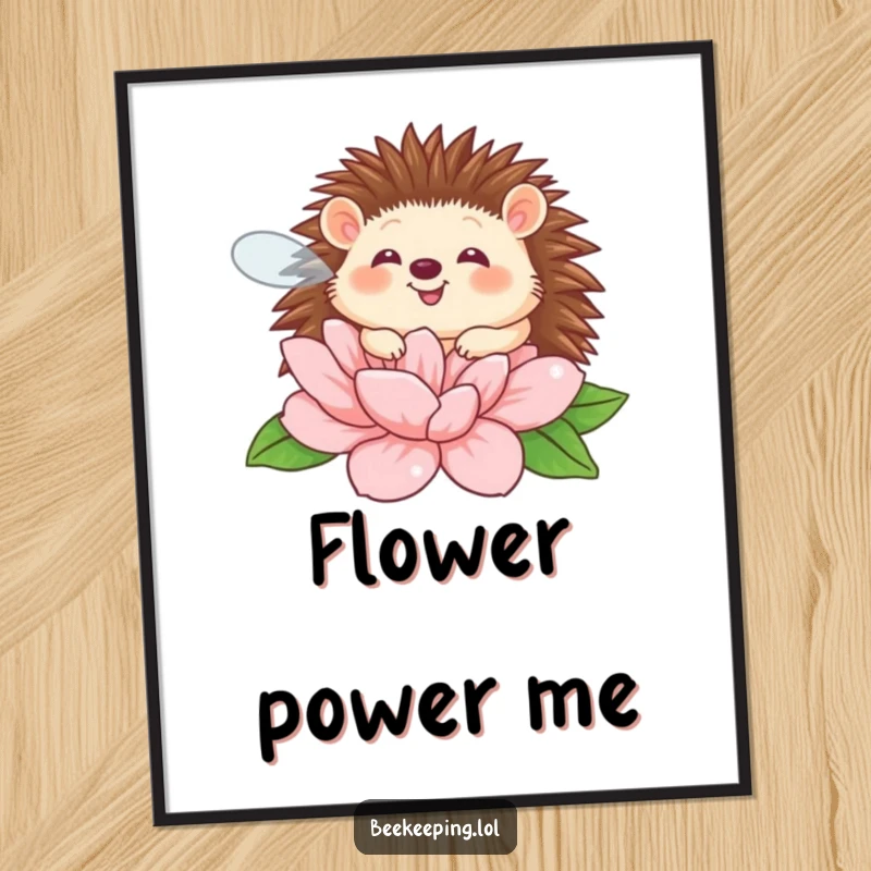 Funny giggling hedgehog buzzing around a flower, a humorous digital art print for instant download.