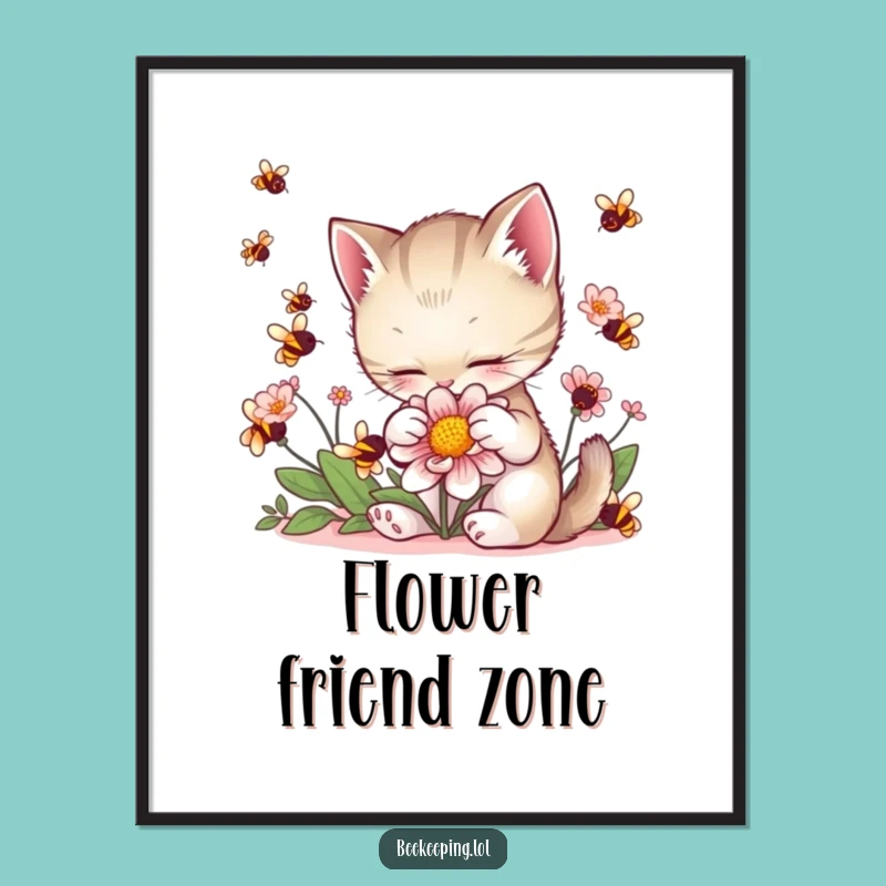 Funny Kitten Petting Flower Digital Art: Adorable Cat Print for Walls