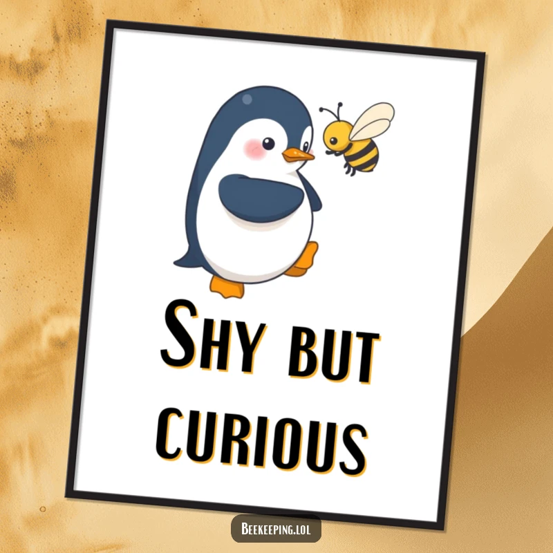 Funny digital art print: a shy penguin hovers near a buzzing bee, a humorous and endearing illustration for instant download.