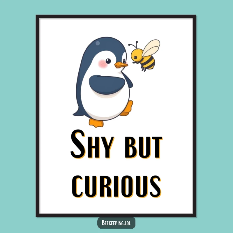 Funny Penguin Digital Art: Shy Near Bees, Whimsical Wall Art Download
