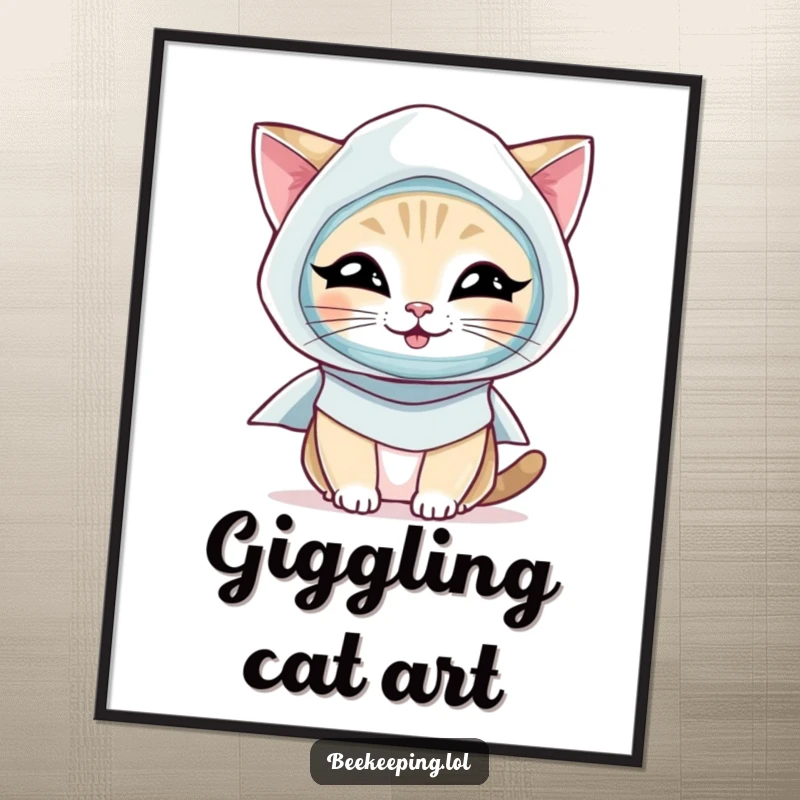 Funny Cat Digital Art: A high-resolution image of a giggling cat dressed in a beekeeper's veil and smock.