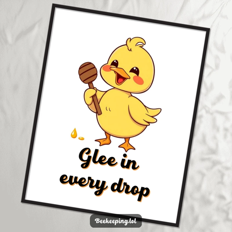 Funny delighted duck holding a honey dipper with glee, rendered as downloadable digital art, offering instant sweet and cheerful decor.