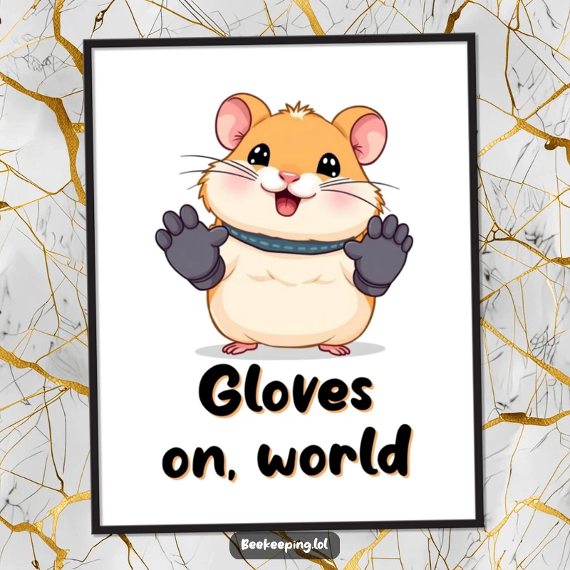 Funny digital art print of a smiling hamster wearing miniature work gloves, looking prepared for work. High-resolution humorous artwork.