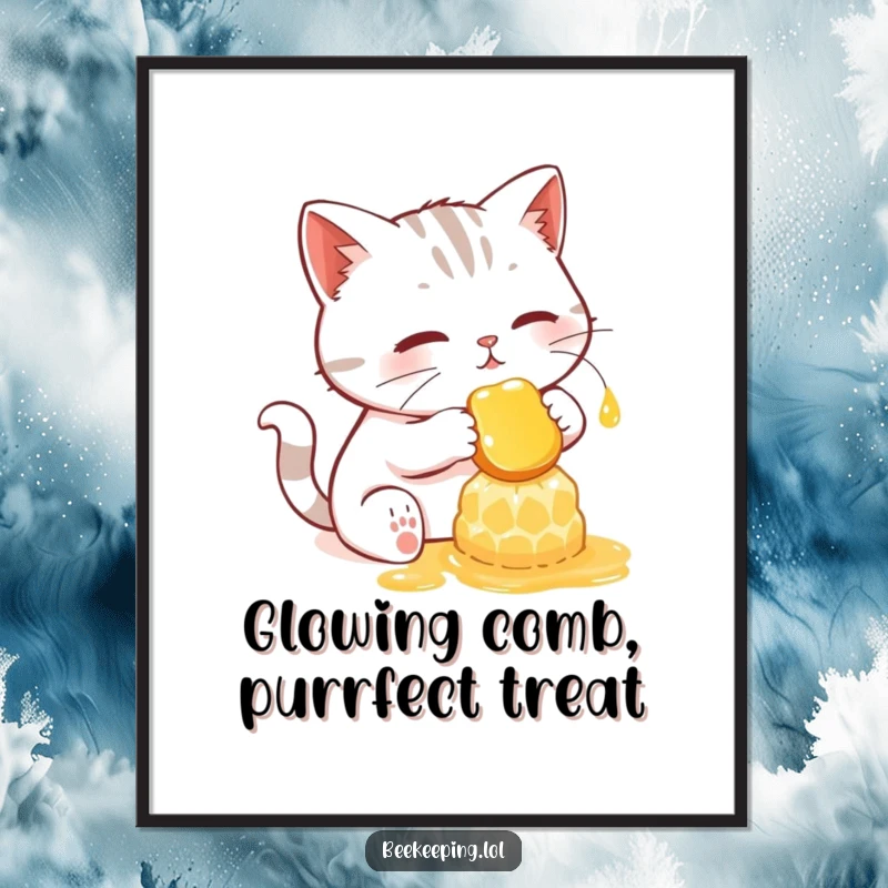 Funny digital art print of a determined cat gently collecting honey from a glowing honeycomb.