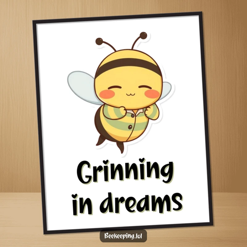 Funny digital art print of a wobbly bee character in striped pajamas flying with a peaceful, sleepy grin, embodying rest.