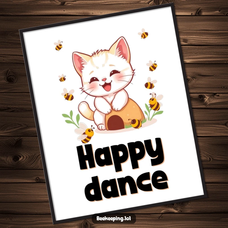 Funny kitten bee digital art print, happy kitten buzzing playfully near a hive with imaginary bees, playful and cute, instant download.