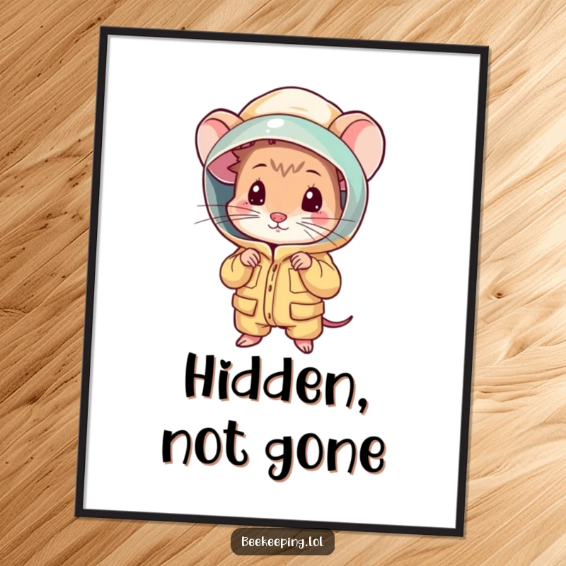 Funny shy mouse peeking from a beekeeping suit, a humorous digital art print for instant download.