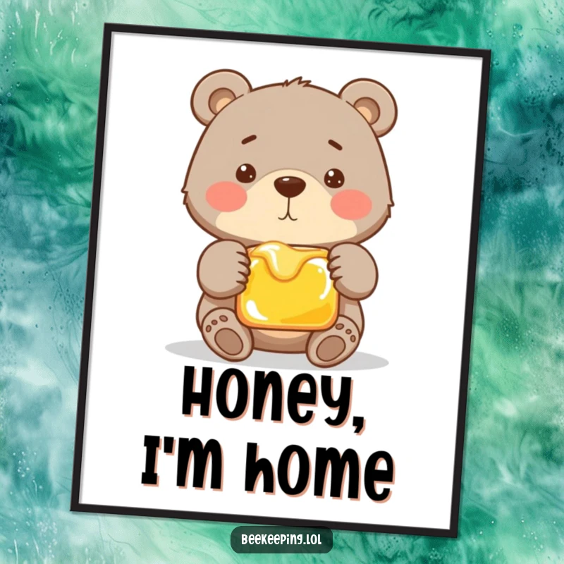 Funny digital art print of a proud bear tenderly holding a frame of golden honey. High-quality humorous artwork for instant download.