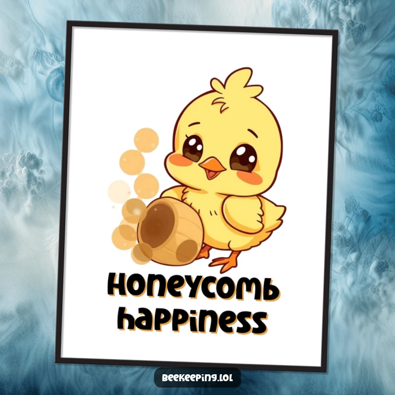 Funny digital art print of a cheerful chick pecking at a honeycomb, wide curious eyes, radiating sweetness.