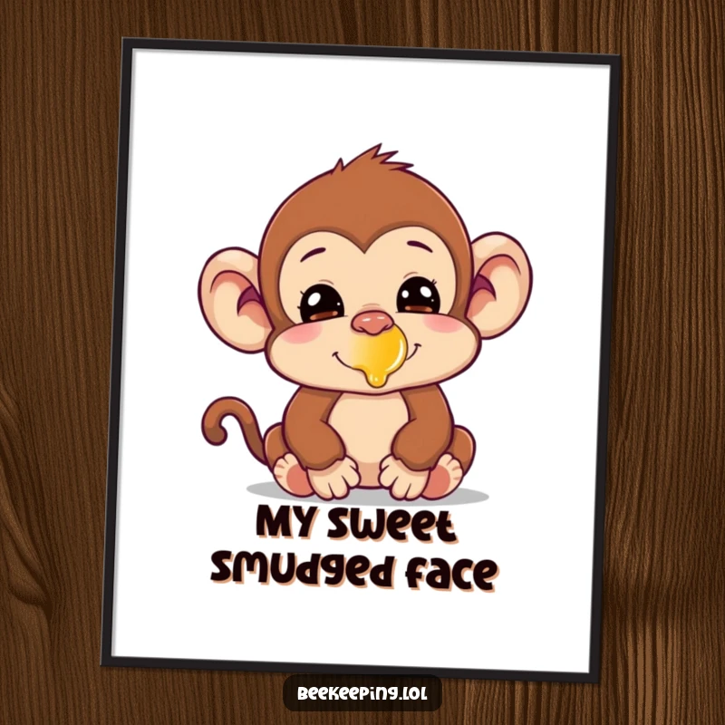 Funny silly monkey with honey on its nose, a humorous digital art print for instant download.
