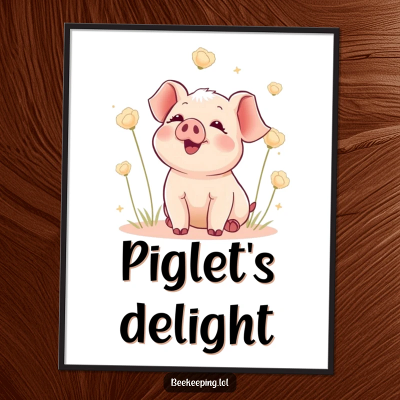 Funny digital art print of a delighted piglet watching fluffy seed heads float, creating a whimsical and heartwarming piece for wall decor.