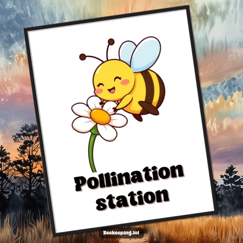 Funny bee digital art print of a cheerful pollinator on a flower, perfect funny gift.