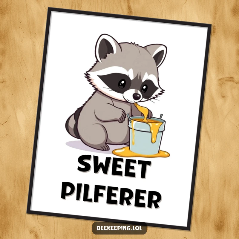 Funny Raccoon Honey Digital Art Print, instant download, a determined raccoon gently scooping honey into a small pail, whimsical woodland art.