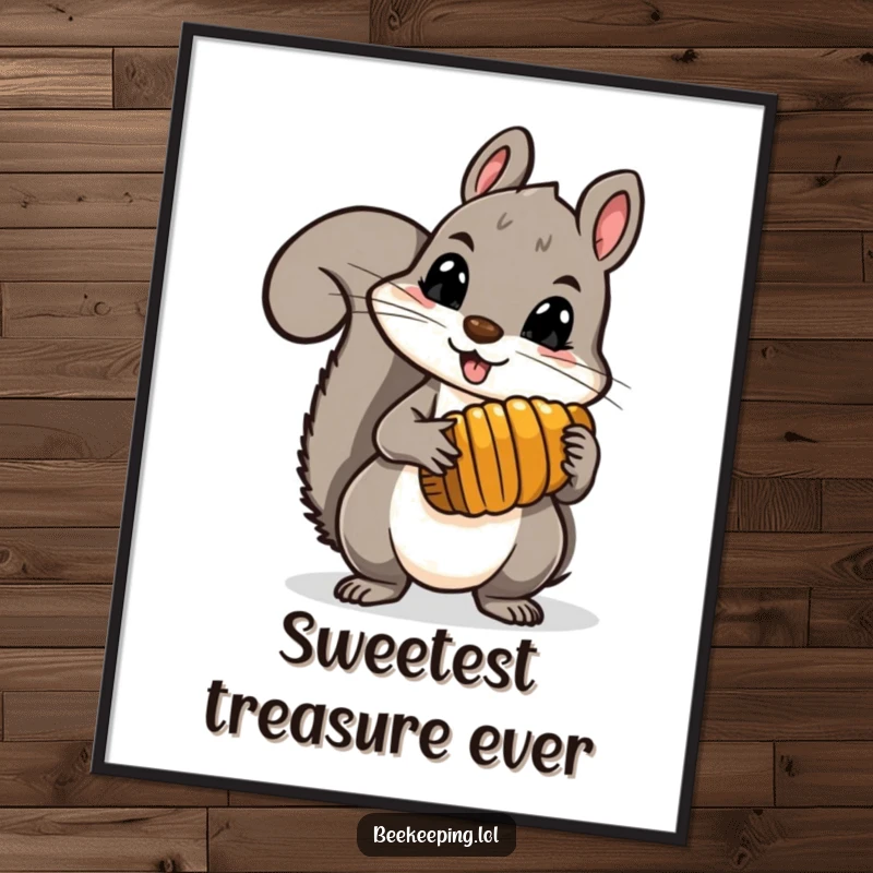 Funny brave squirrel holding a comb full of honey, rendered as downloadable digital art, offering instant wild and humorous decor.