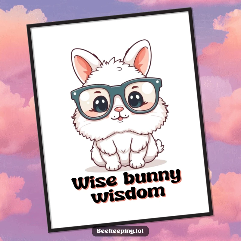 Funny fluffy bunny wearing oversized reading glasses, rendered as downloadable digital art, offering instant intellectual and humorous decor.