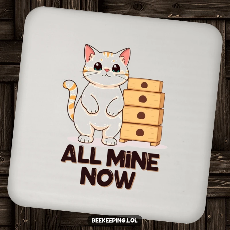 Funny proud cat beside empty beekeeping hives on a drink coaster, offering humorous surface protection.