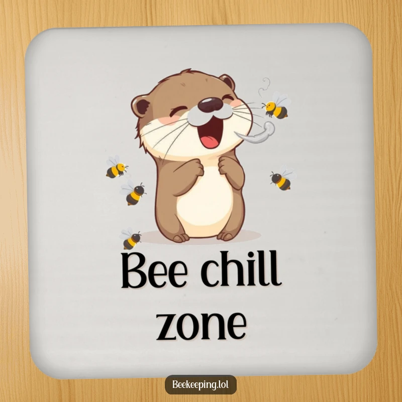 Funny drink coaster with an excited otter using smoke to calm bees, adding a humorous and protective element to tables.