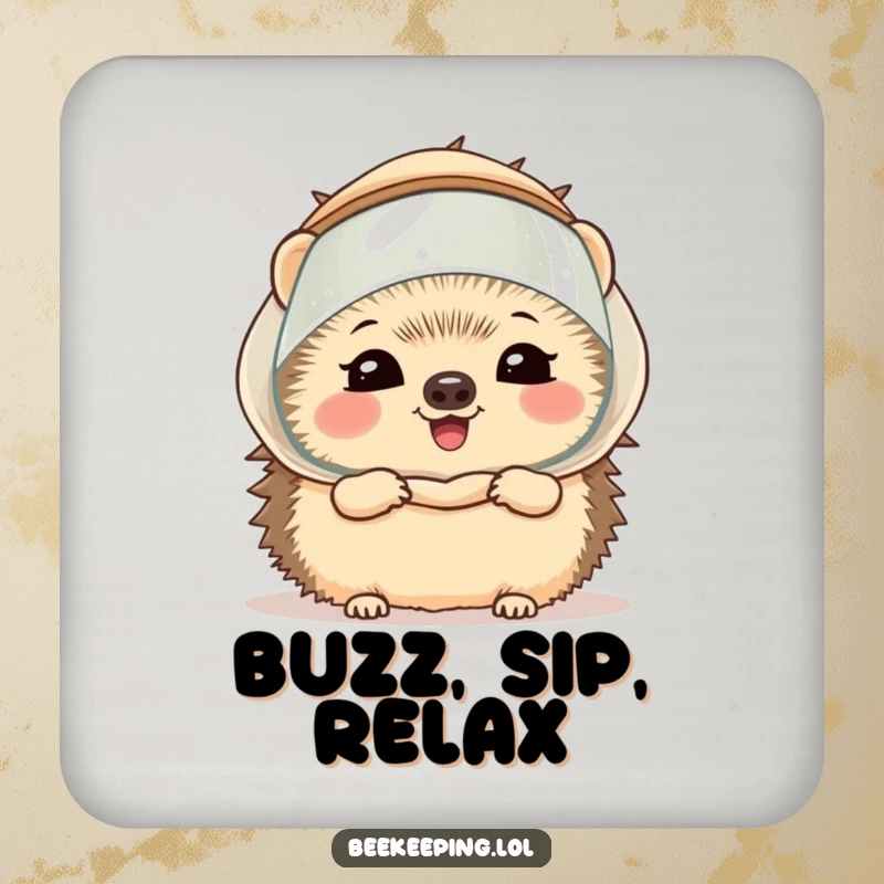 Funny hedgehog wearing a miniature beekeeper veil and giggling, designed on coasters, adding cheerful humor to any table.