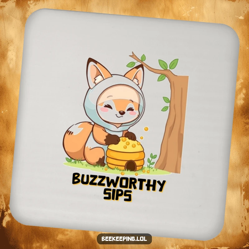 Funny fox beekeeper coasters, smiling fox in protective suit, near a beehive, set of coasters, cute funny gift.