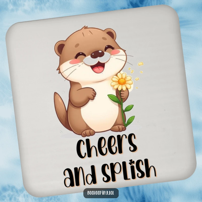 Funny playful otter sprinkling a flower, adding cheerful humor and surface protection with decorative drink coasters.