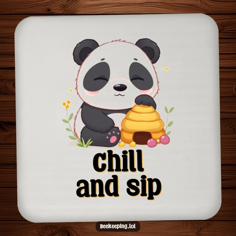 Funny Panda Drink Coaster depicting a sleepy panda cub resting near a beehive, a humorous and charming addition to any table.