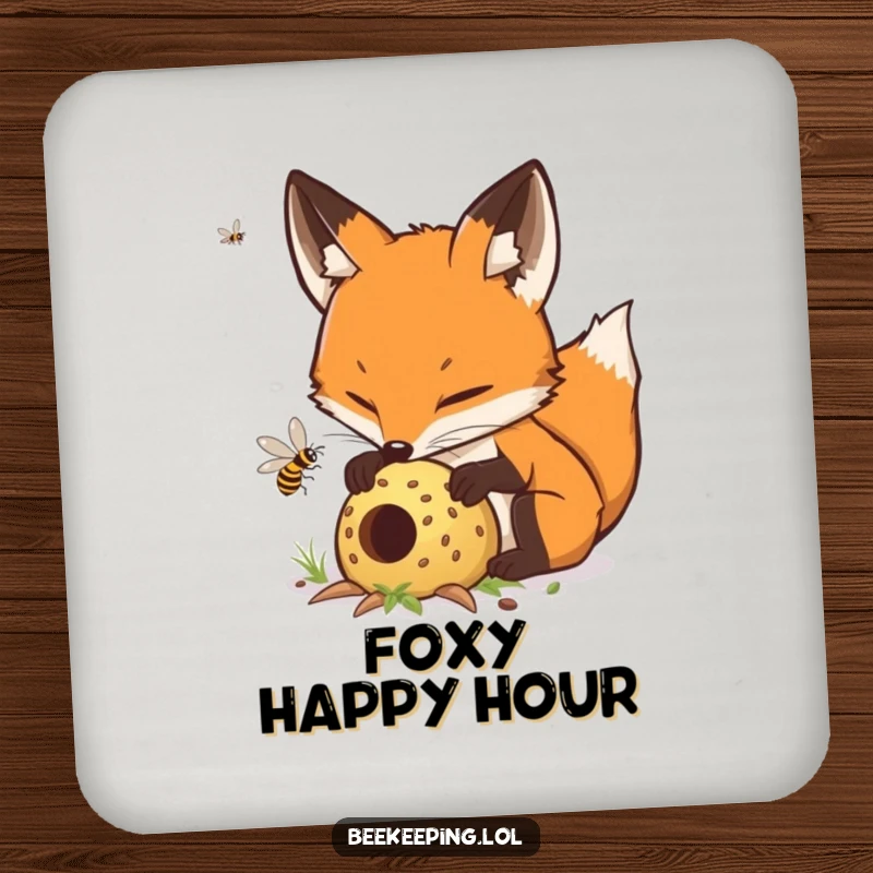 Funny determined fox carefully tending to a buzzing hive, a set of humorous and decorative drink coasters.